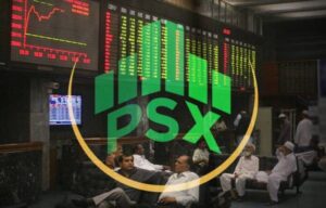 Traders at Pakistan Stock Exchange reacting to market decline on trading floor