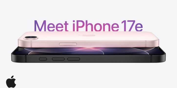 Apple iPhone 17e displayed in black and soft pink, showing the 6.1-inch OLED screen and dual rear camera system.