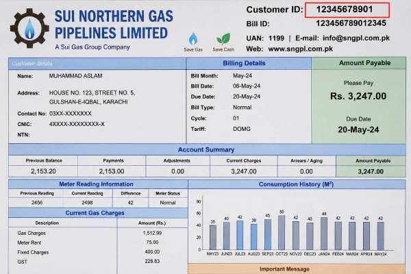 SNGPL Bill Sample with consumer number and bill id